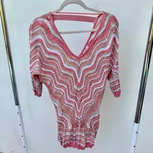 Y2K Caché Pink White & Gold Shimmer Striped Loose Knit Sweater Size Medium